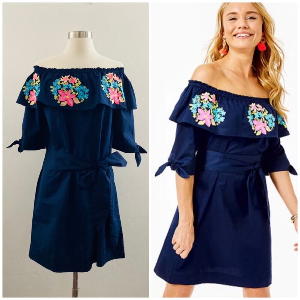 Lilly Pulitzer Vanesa Dress Small Navy Floral Embroidered Resortwear Coastal NEW